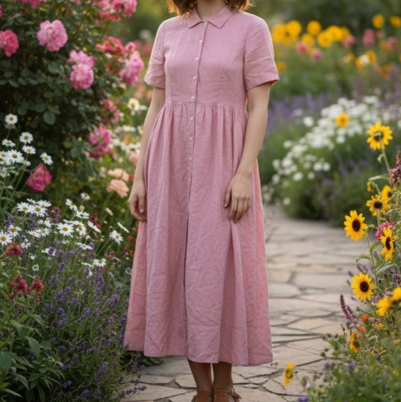 Vintage Eddie Bauer 100% Linen Prairie Dress Button Up Size Large Pink - Picture 9 of 9